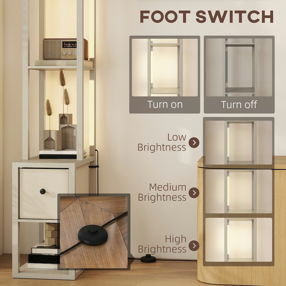 image 1 of HOMCOM Floor Lamp with Shelves, LED Standing Lamp with Fabric Drawer, Oak | Brown | Beige | 43.5L x 26.5W x 169H cm