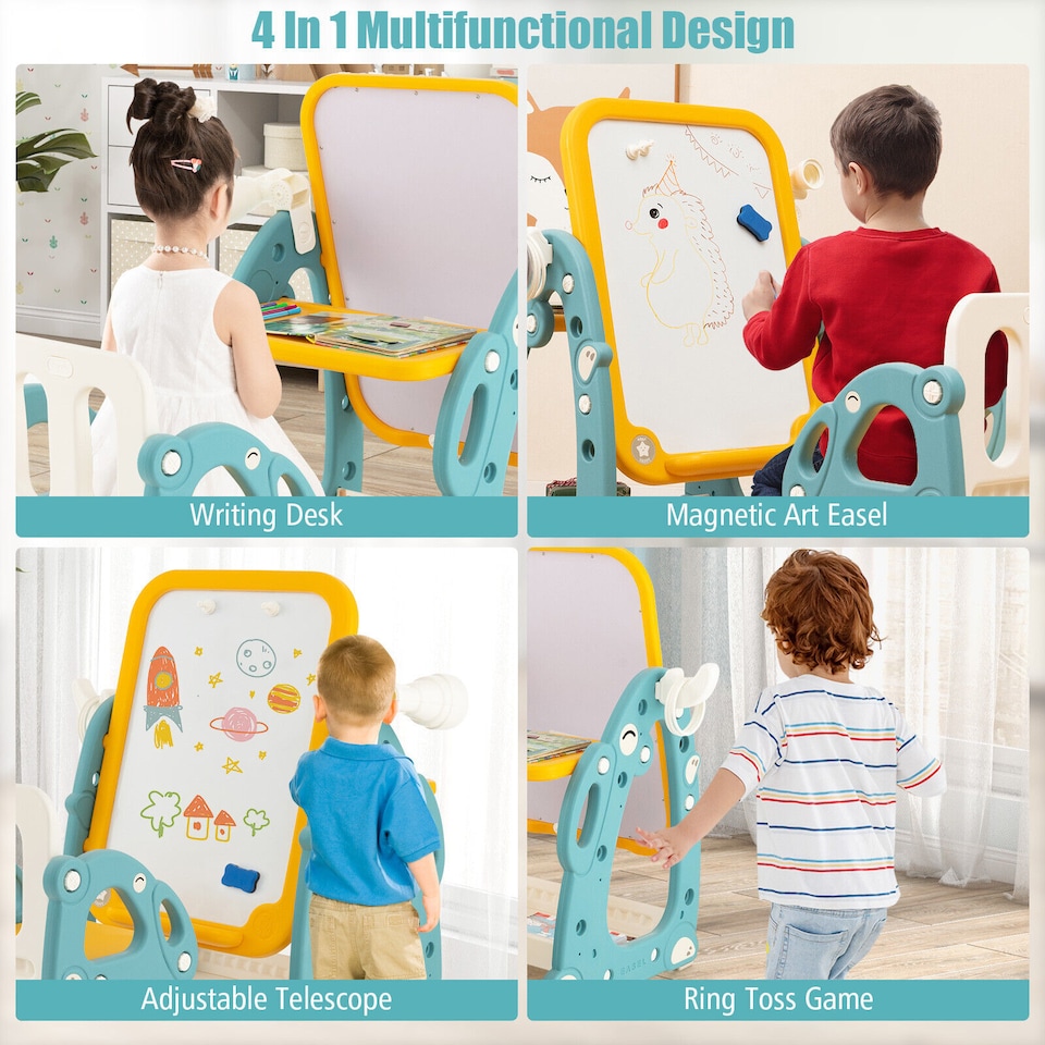 image 1 of COSTWAY 4-in-1 Kids Easel Drawing Table and Chair Set with Whiteboard