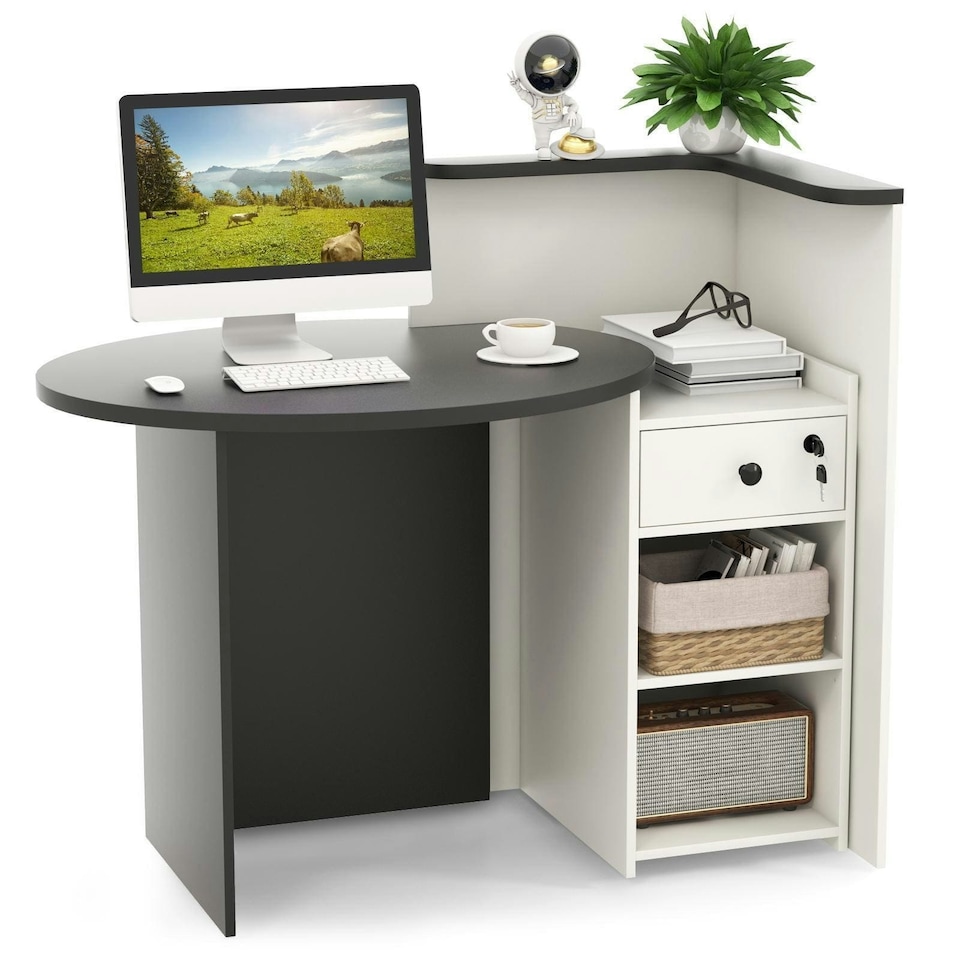 image 1 of COSTWAY Reception Desk with Lockable Drawer Black Black