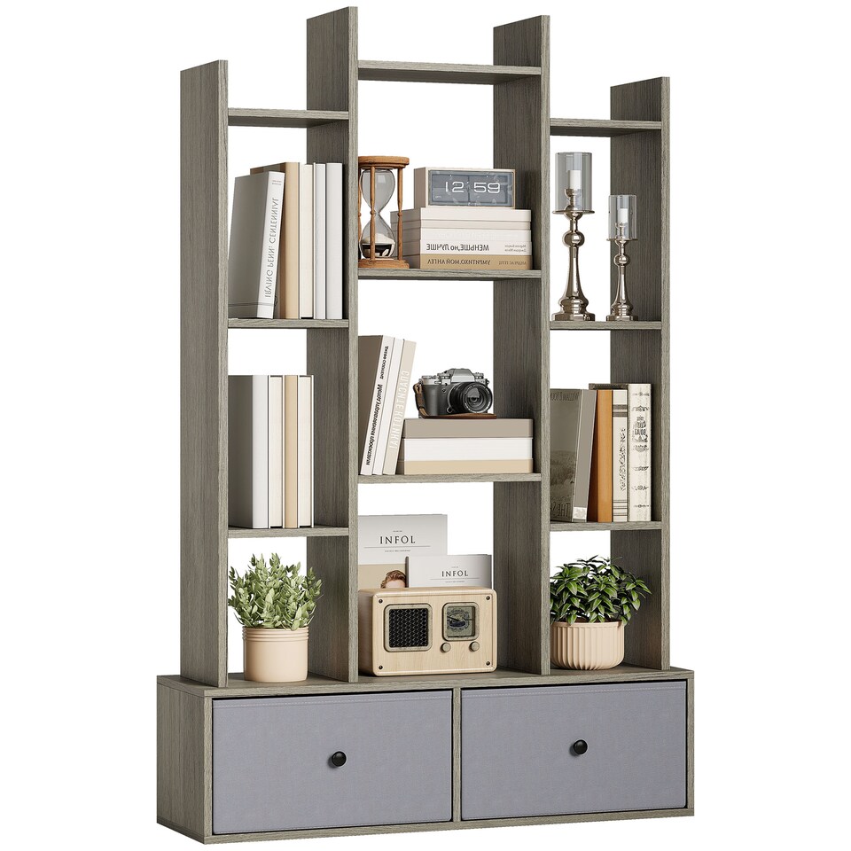 image 1 of HOMCOM Tree Bookshelf, 12-Tier Floor Standing Bookcase with 2 Foldable Drawers, Freestanding Book Shelf Storage Display Shelving Unit for Living Room, Home Office, Bedroom, Graphite Wood Effect
