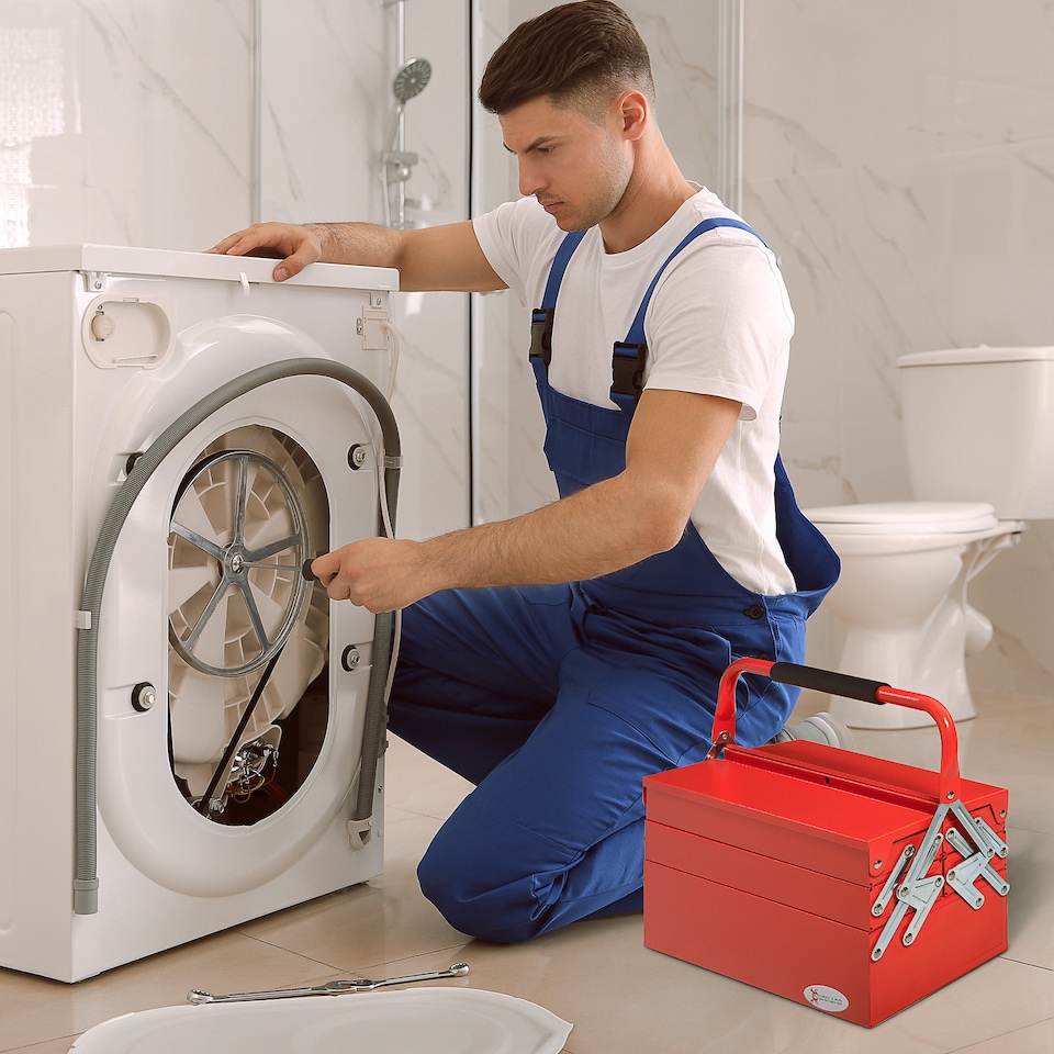 image 1 of DURHAND Metal Tool Bo3 Tier 5 Tray Professional Portable Storage Cabinet Workshop Cantilever Toolbowith Carry Handle, 56cmx20cmx34cm, Red | Red | 1