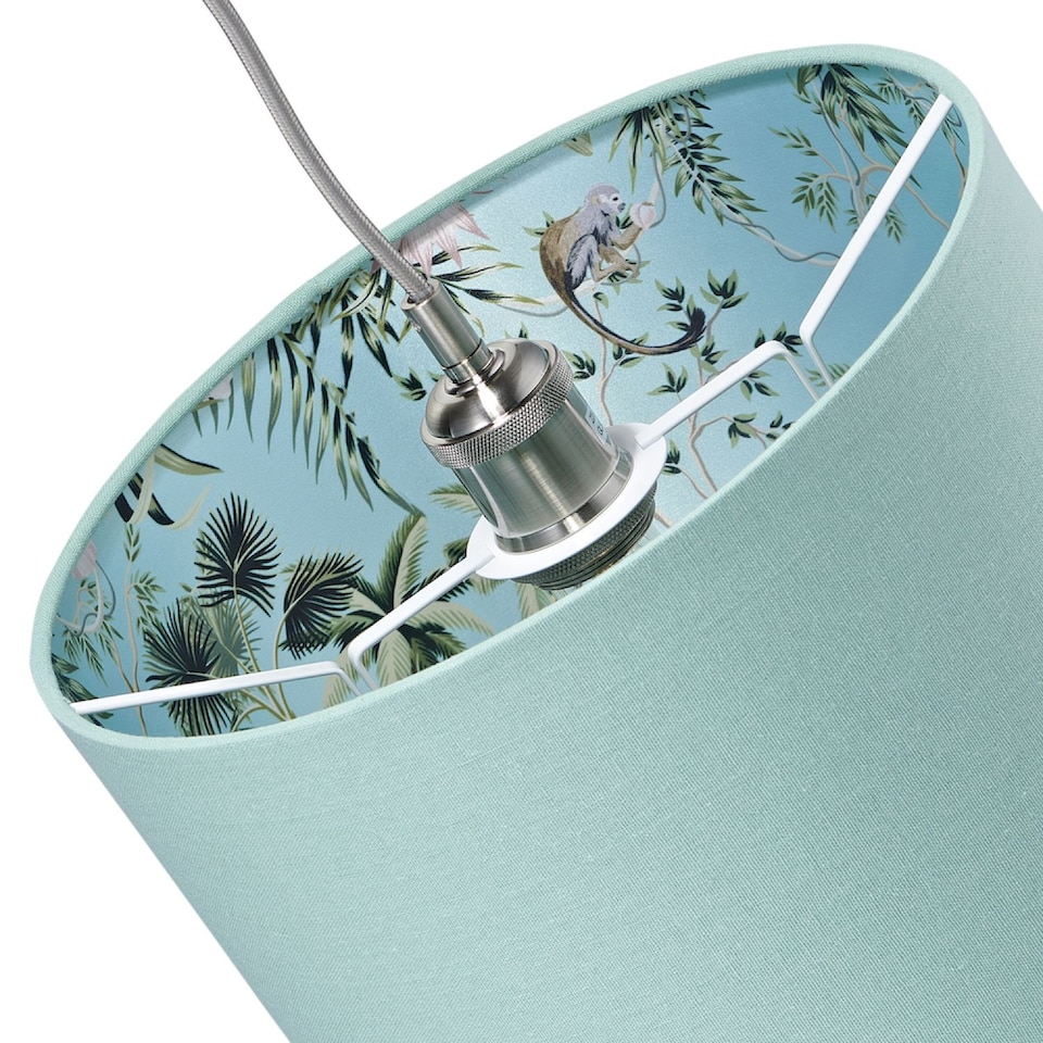 image 1 of Unique Jungle Print Duck Egg Lampshade with Palm Trees, Sloths and Elephants | Blue | Duck Egg | 1