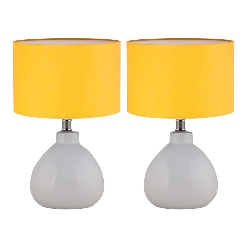 image 1 of Set of 2 Tuscan - White Ceramic Lamps with Ochre Shade | White | Yellow | Medium | 2