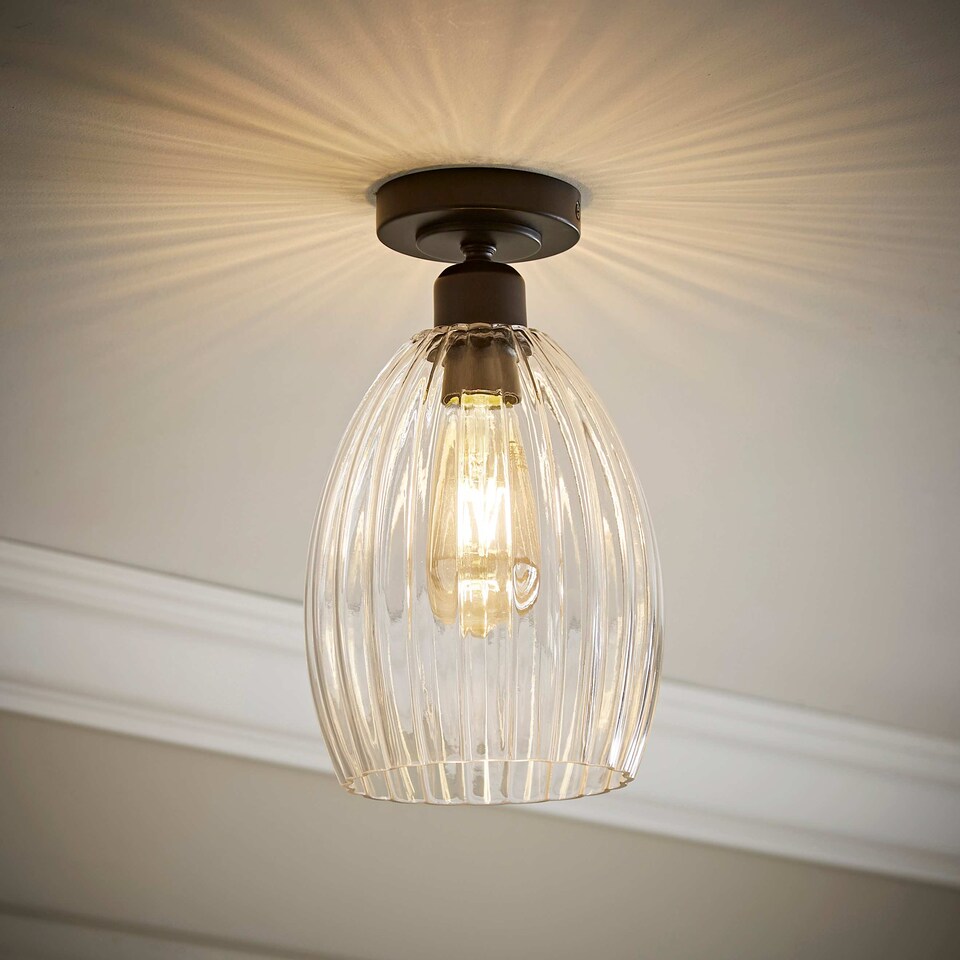 image 1 of ValueLights Cheltenham Black Flush Ceiling Light Ribbed Shade and Bulb