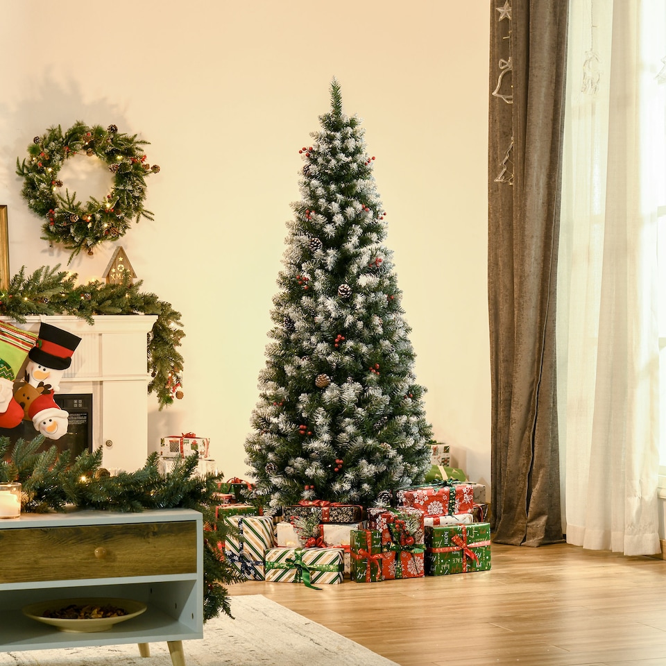 image 1 of HOMCOM 6FT Artificial Christmas Tree mas Pencil Tree with Red Berries and Pinecones Holiday Home Indoor Decoration with Foldable Feet, Green