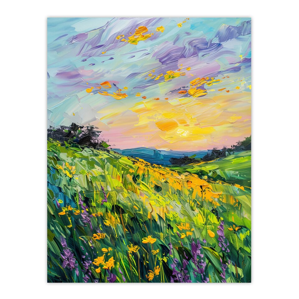 image 1 of Lavender Daffodil Meadow Sunset Oil Living Room Black Framed Wall Art Print A4