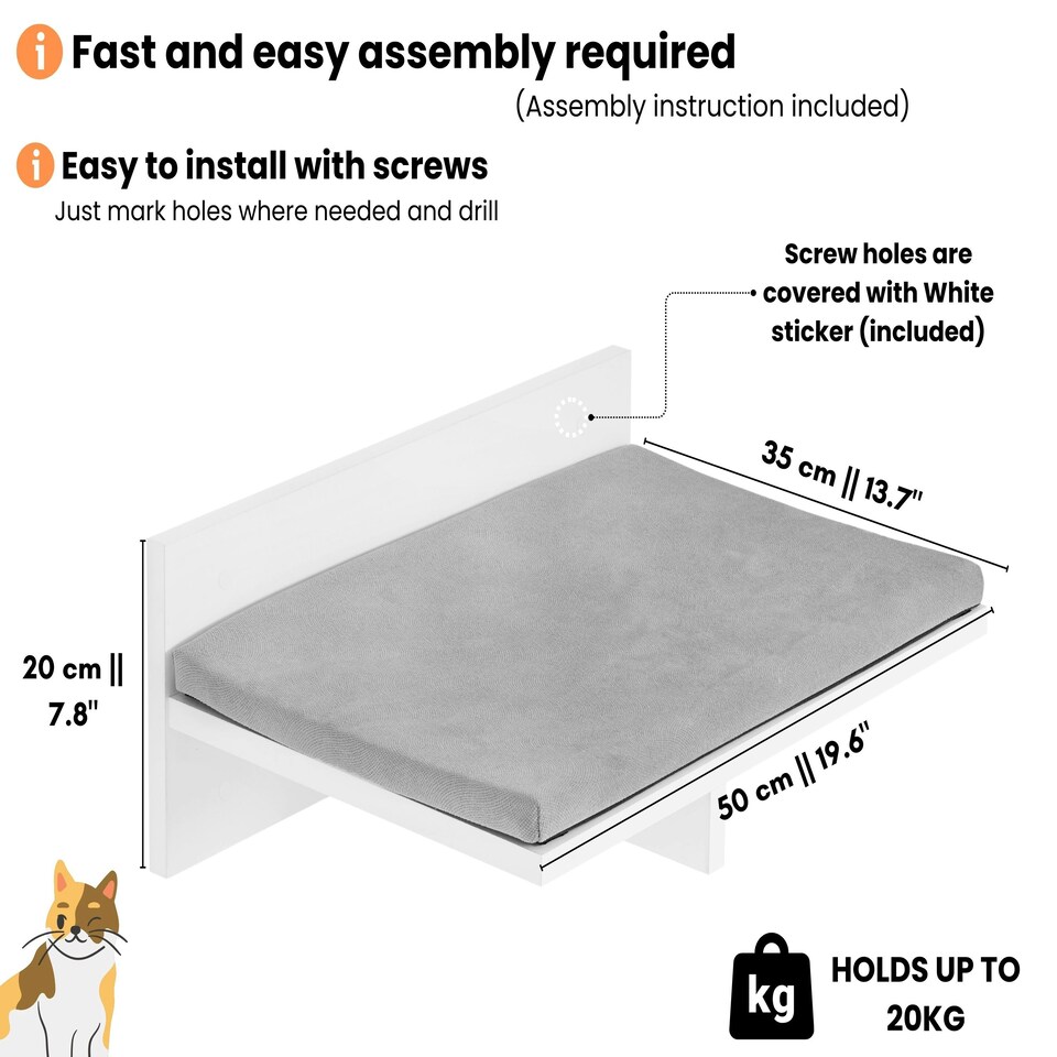 image 1 of NOVECRAFTO Wall-Mounted Cat Perch Bed with Cushion – 50cm Wide Space-Saving Shelf – Sturdy Wall Bed Holds up to 30kg – Cozy Lounging Spot for Cats
