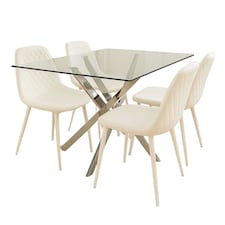 Glass Dining Table with 4 White Leather Chairs Dining Room Furniture