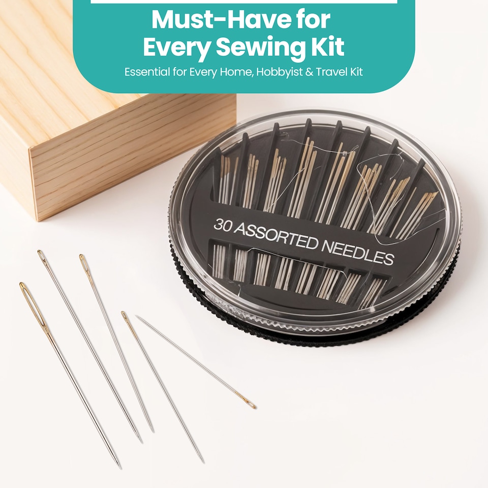 image 1 of 30 Assorted Hand Sewing Needles Set, Stainless Steel Needles in Round Case