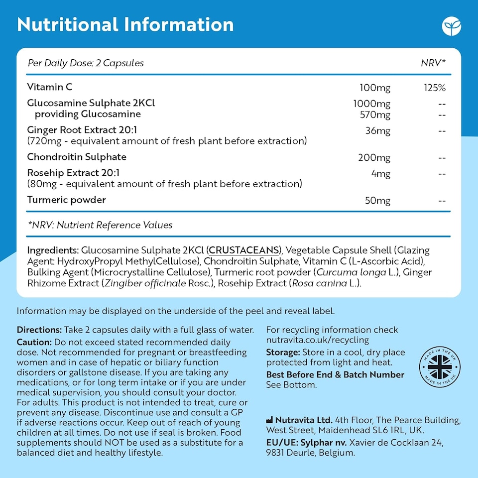 image 1 of Nutravita Glucosamine and Chondroitin High Strength - 6-in-1 Complex with Added Vitamin C, Turmeric, Ginger & Rosehip - Made in The UK - 180 Capsules