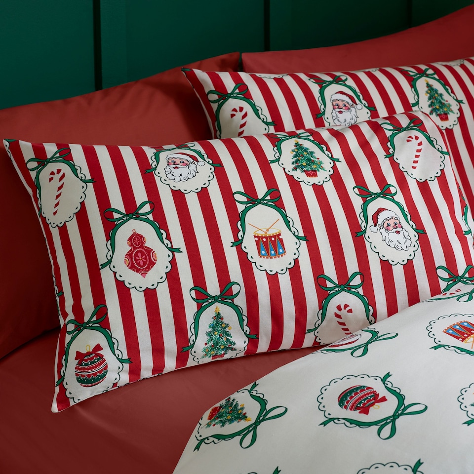image 1 of Catherine Lansfield Christmas Vintage Stripe Reversible Duvet Cover Set
