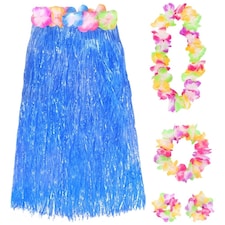 Pack of 2 80cm Hawaiian Long Blue Hula Skirt & Lei Blue | One Size