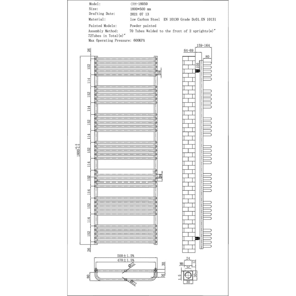 image 1 of Crossmoor - Silver Electric Towel Rail H1800mm x W500mm 1200w Thermostatic WIFI