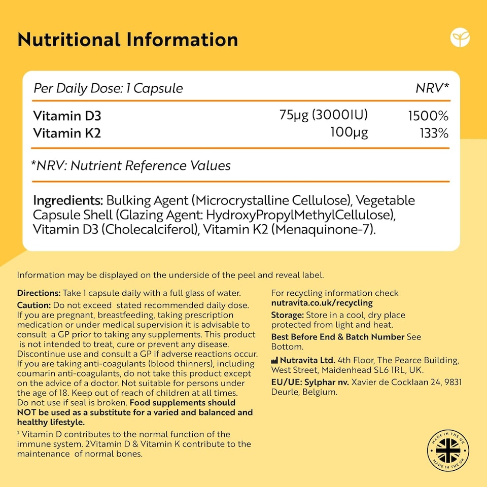 image 1 of Nutravita Vitamin D3 3000iu & K2 100ug (MK7) - Supports Normal Bones, Muscles, Teeth and Immune System - 120 Vitamin D3 K2 Vegetarian Capsules