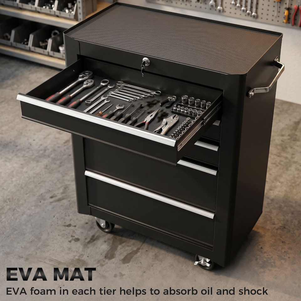 image 1 of HOMCOM 5-Drawer Lockable Steel Tool Storage Cabinet Wheels Handle 2 Keys Black