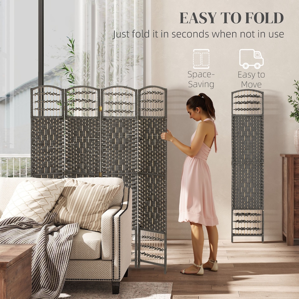 image 1 of HOMCOM 4 Panel Folding Privacy Screen with Pine Wood Frame, Dark Grey