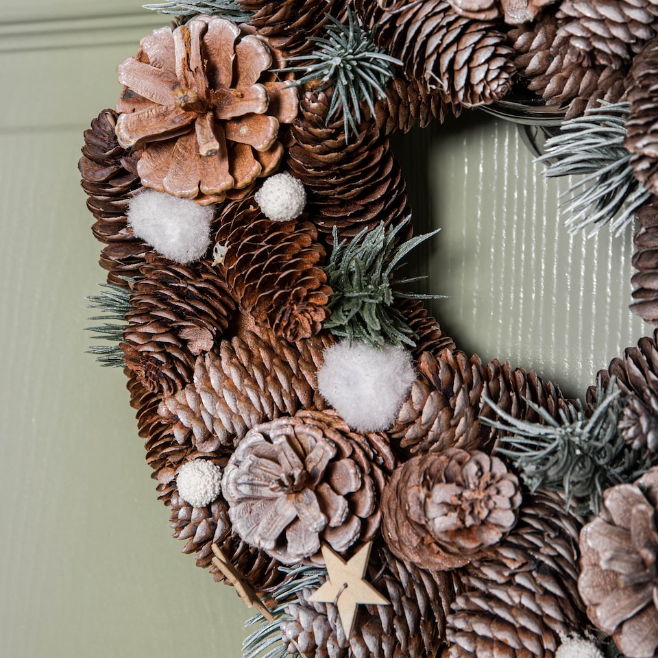 image 1 of 30cm Frosted Hanging Christmas Wreath with Pine Cones & Wooden Stars