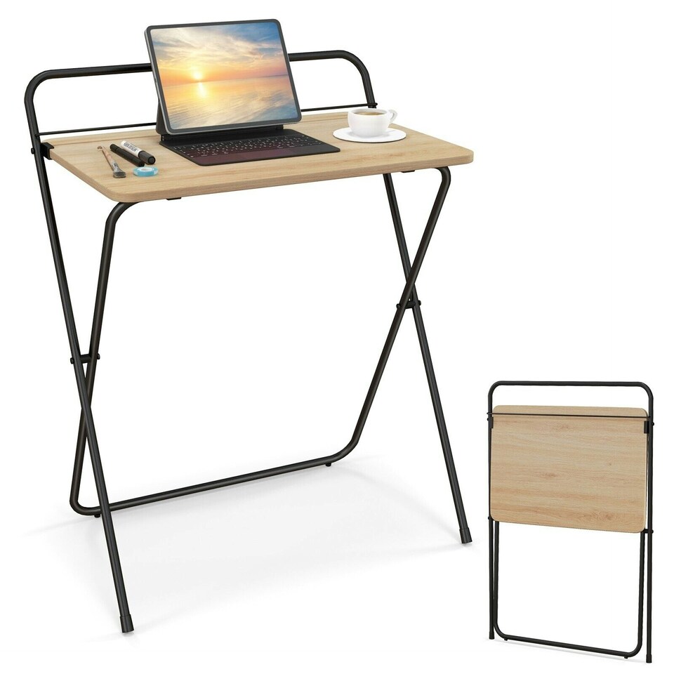 image 1 of COSTWAY 60CM Folding Computer Desk with Tablet Bracket Natural N/A