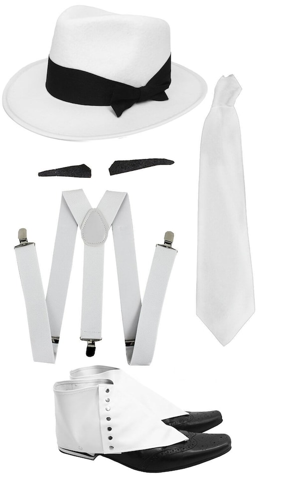 Gangster Set- White Trilby Hat, Tie, Braces, Spiv and Spats | White | One Size
