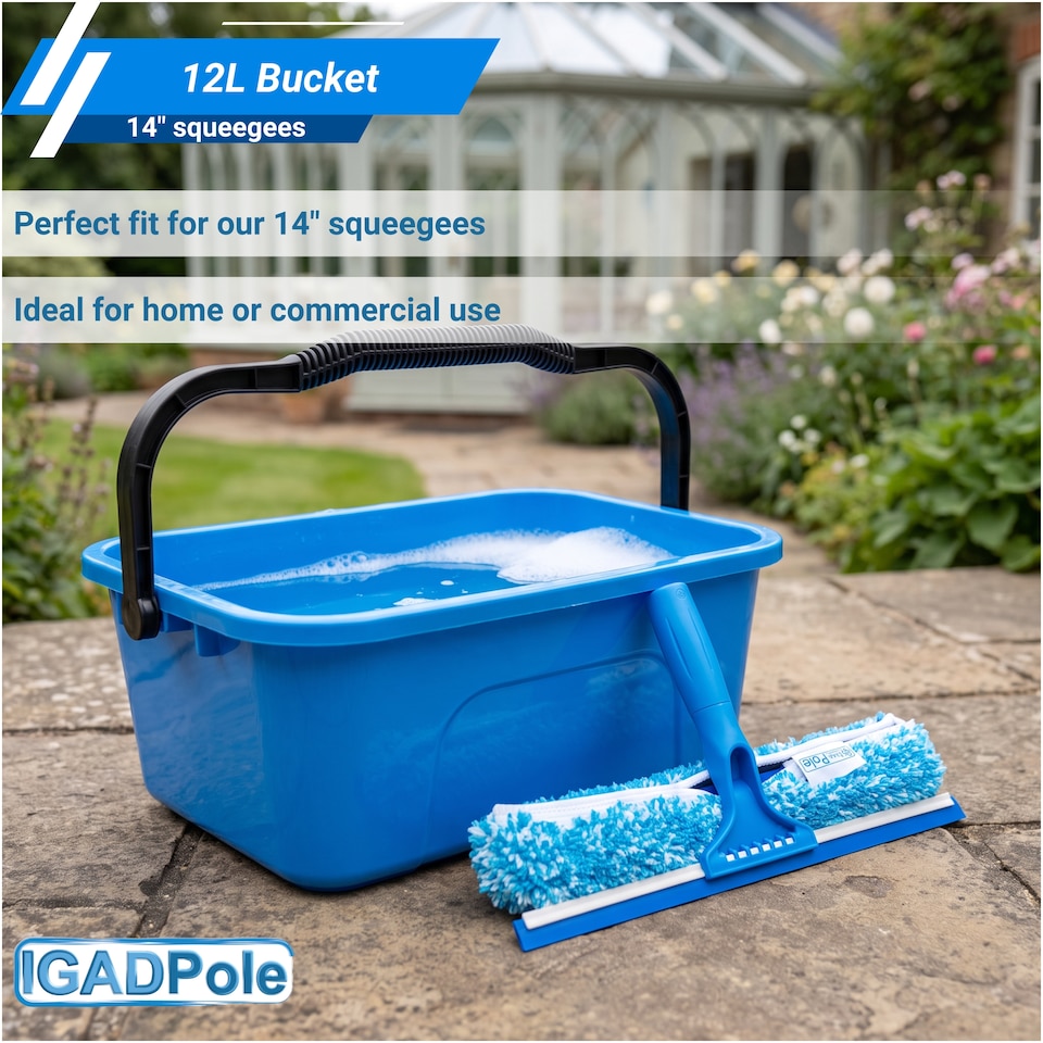 image 1 of IGADPole 12L Window Cleaning Bucket Kit with 14" Squeegee & 10x Free Microfibre Cloths + 1 Special Glass Cloth