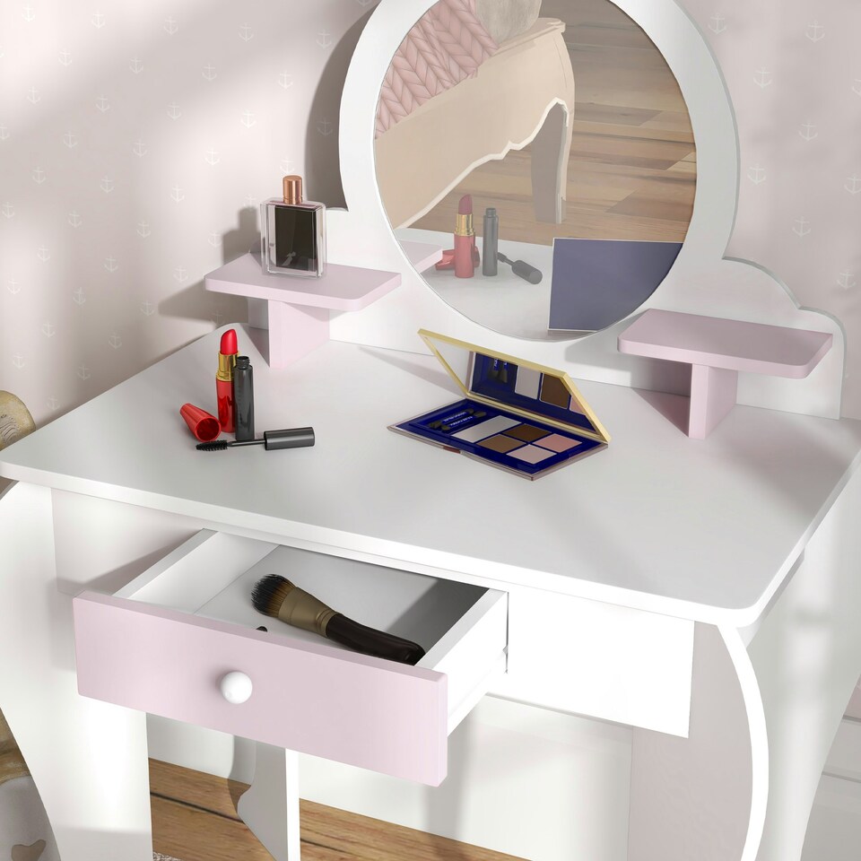 image 1 of ZONEKIZ Kids Dressing Table with Mirror and Stool, Drawer, Storage Shelf - White White