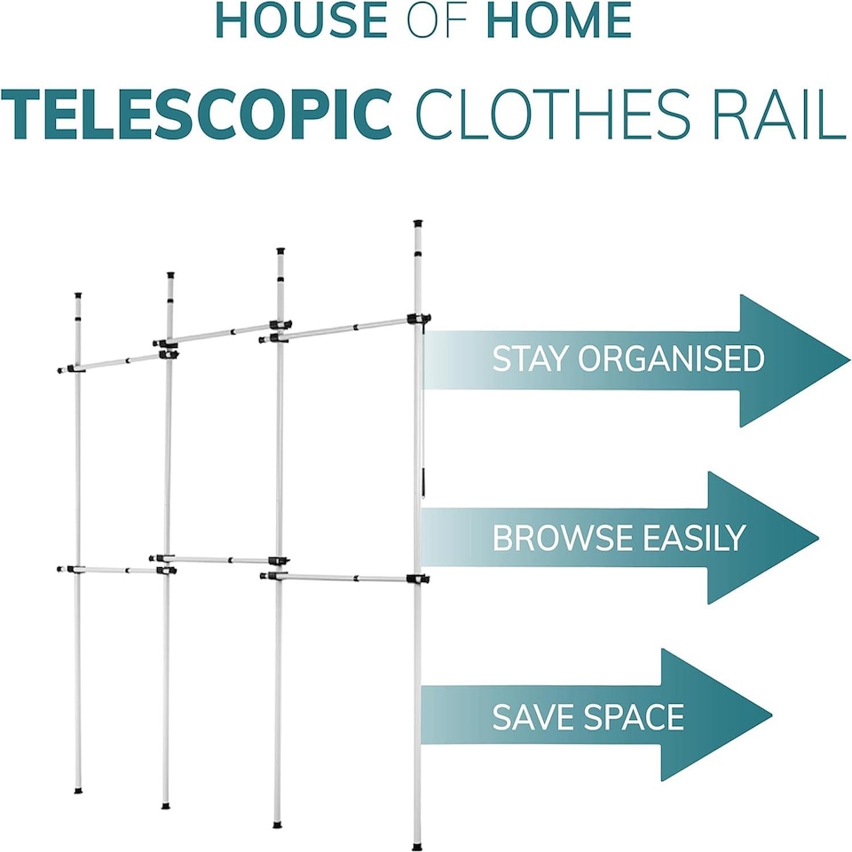image 1 of House of Home Triple Telescopic Organise Hanging Rail Clothes Rack Adjustable Storage White | White | Not provided