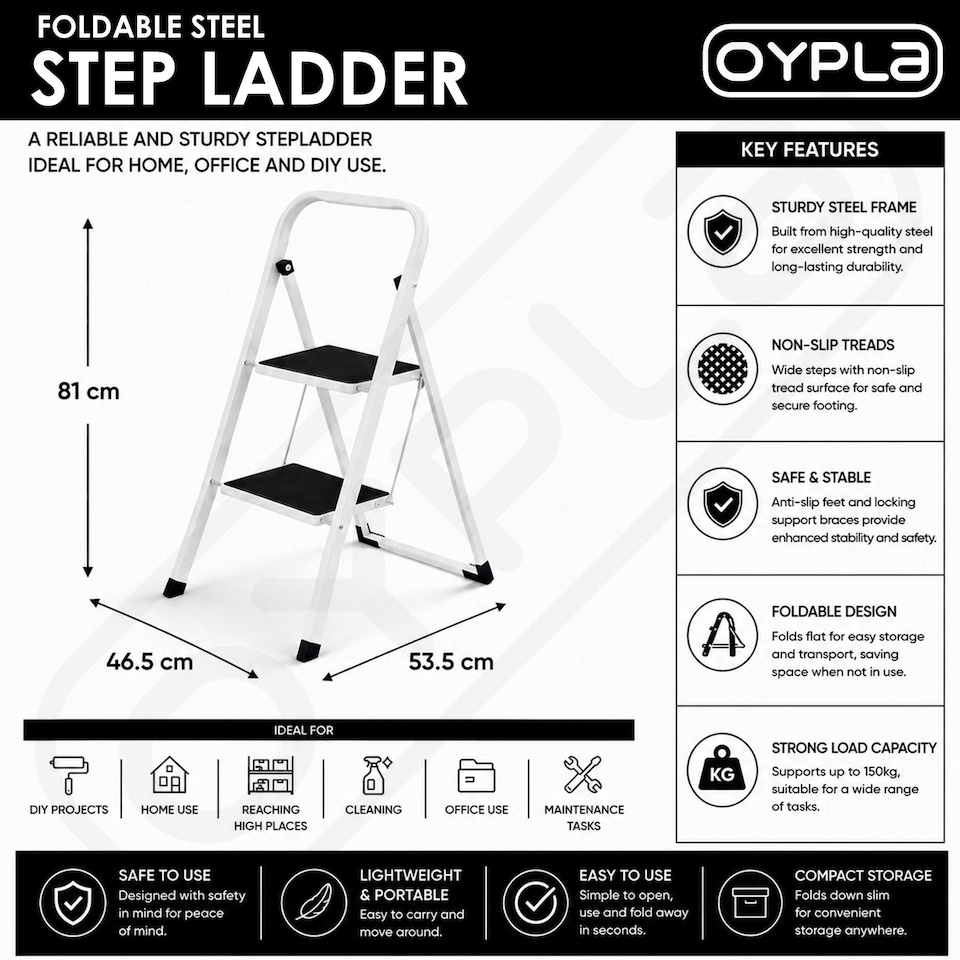 image 1 of Foldable 2 Step Ladder Stepladder Non Slip Tread Safety Steel | White