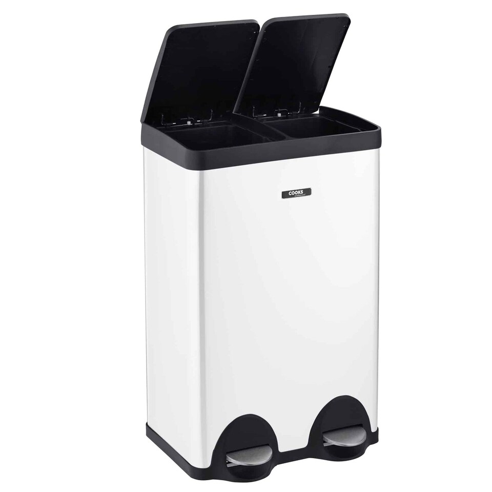 image 1 of Cooks Professional Dual Pedal Recycle Bin 60L with 2 x Compartments & Soft Close Lids | White