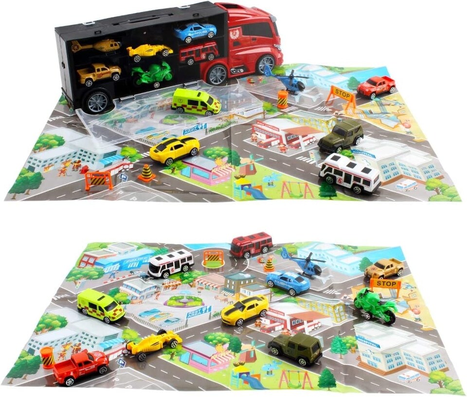 image 1 of Transporter Truck Carrycase Play Set with 12 Vehicles, Accessories & Play Map – Portable Toy for Kids
