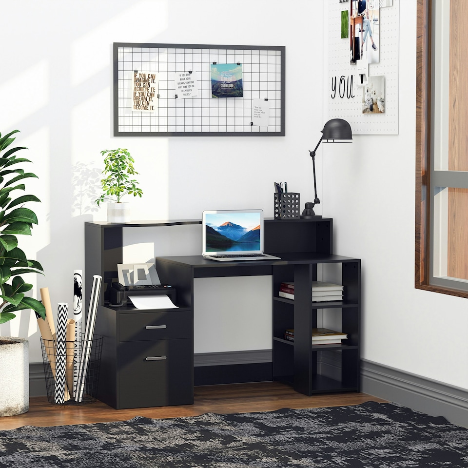 image 1 of HOMCOM Multi-Storage & Workstation Desk Table Storage Shelves Home Office Black