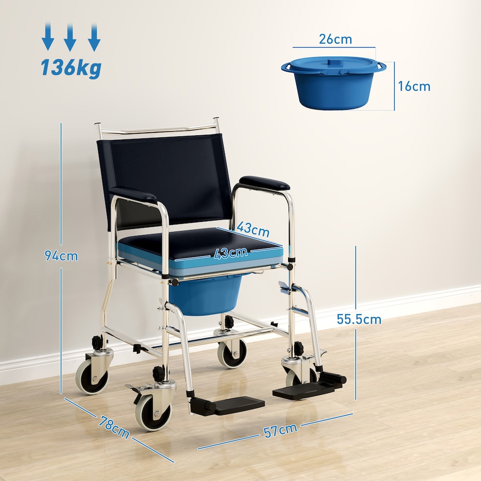 image 1 of HOMCOM Rolling Shower Chair with Wheels, Bedside Commode Wheelchair with Padded Seat, Backrest, for Seniors, Adults, Injured or Disabled, Black