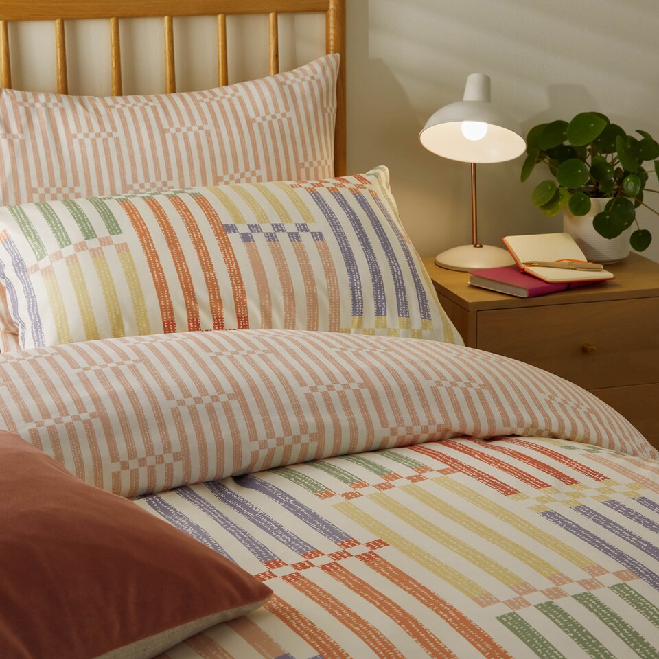 image 1 of Duvet Day Madison Stripe Printed Soft Touch Duvet Cover Set | Multi | Multi/Apricot | Double | 1