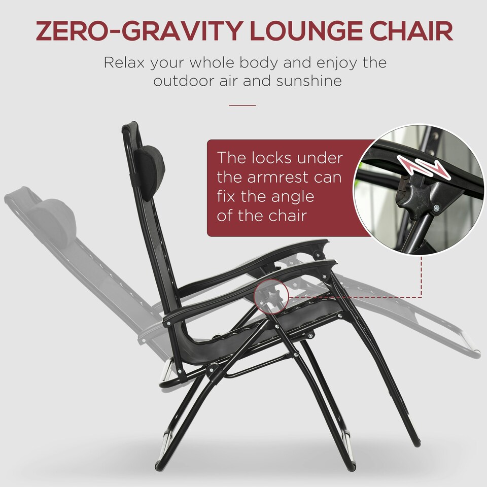image 1 of Outsunny Foldable Garden Recliner Chair Set of 2 w/ Footstool & Headrest, Black