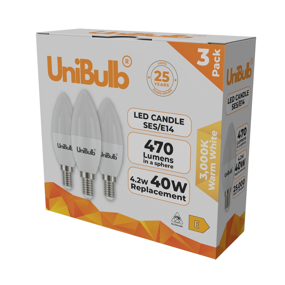 image 1 of UniBulb LED Candle E14 (SES) 470lm 4.2W 3000K (Warm White) Light Bulb - Pack of 3 | White | Warm White | 3