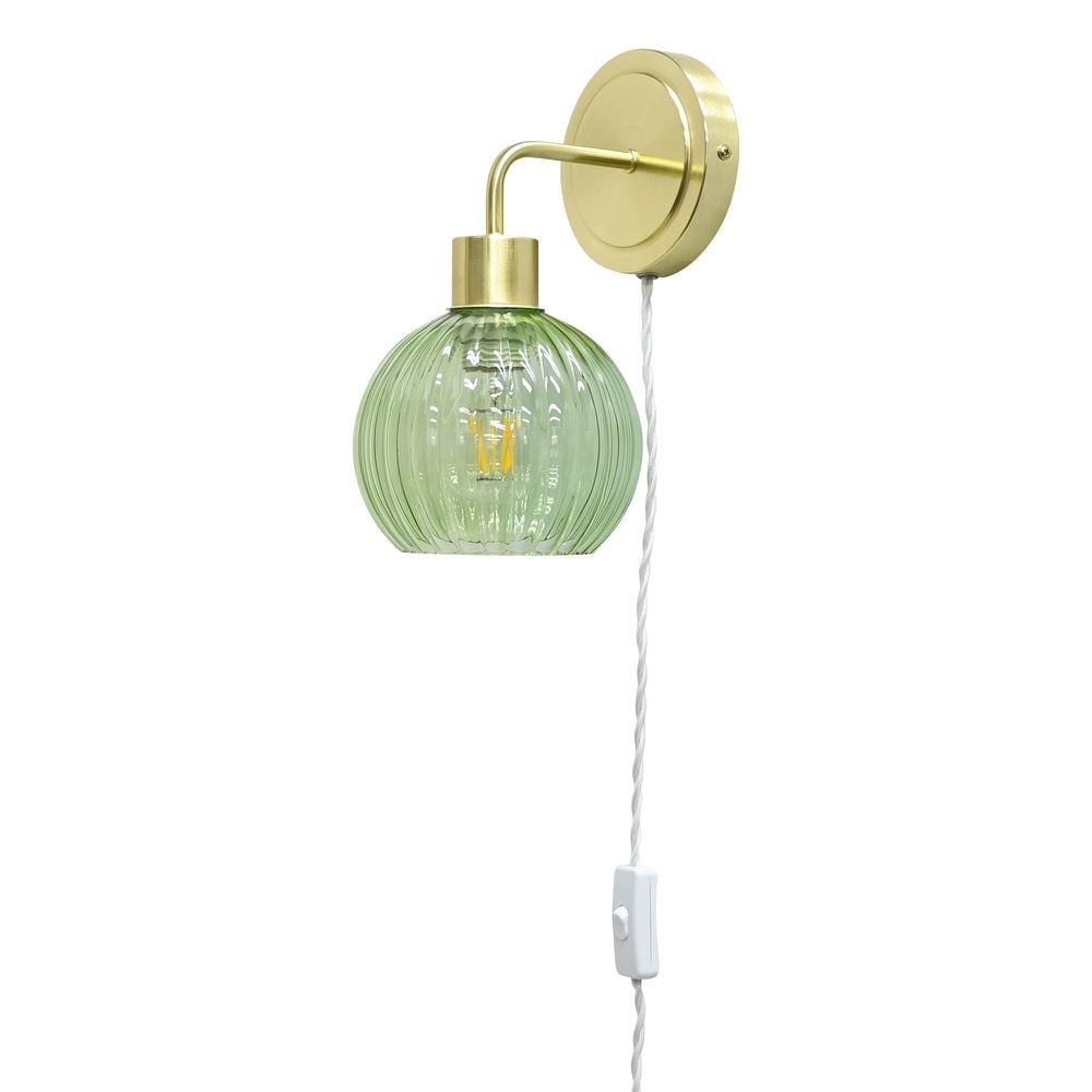 First Choice Lighting Toby - Satin Brass Plug in Wall Light with Betchley Green Ribbed Shade in Gold