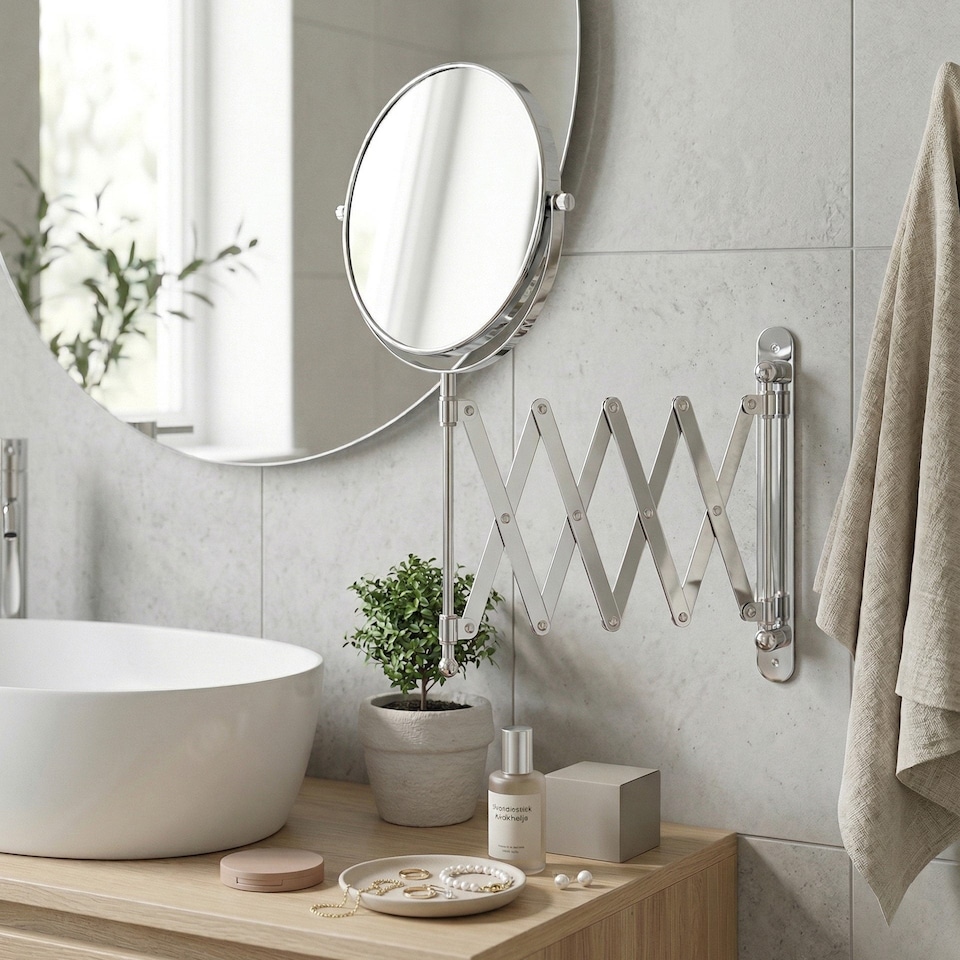 image 1 of BESLAGSBODEN Polished Chrome Double Sided Bathroom Mirror with Retractable Arm