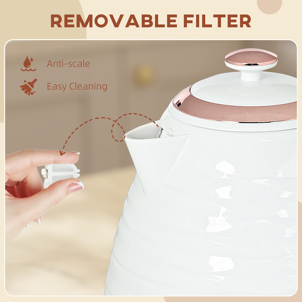 image 1 of HOMCOM Electric Kettle 1.7L, Fast Boil, 3kW Cordless Water Kettle with Removable Washable Anti-scale Filter, UK Otter Thermostat, Auto Shut-off, 360degree Swivel, BPA Free, Cream White Water Ripple Texture