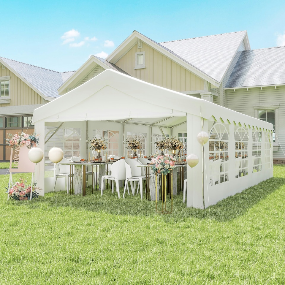 image 1 of Outsunny 8m Gazebo Garden Marquee Canopy Party Carport Shelter Garage Tent White