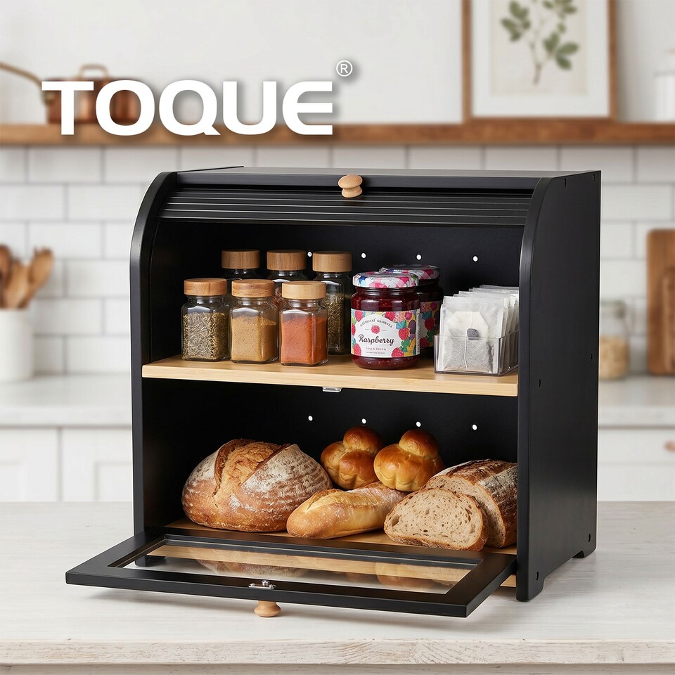 image 1 of Toque Bread Box 2-Tier Large Capacity Roll Top Black Bamboo Acrylic Door