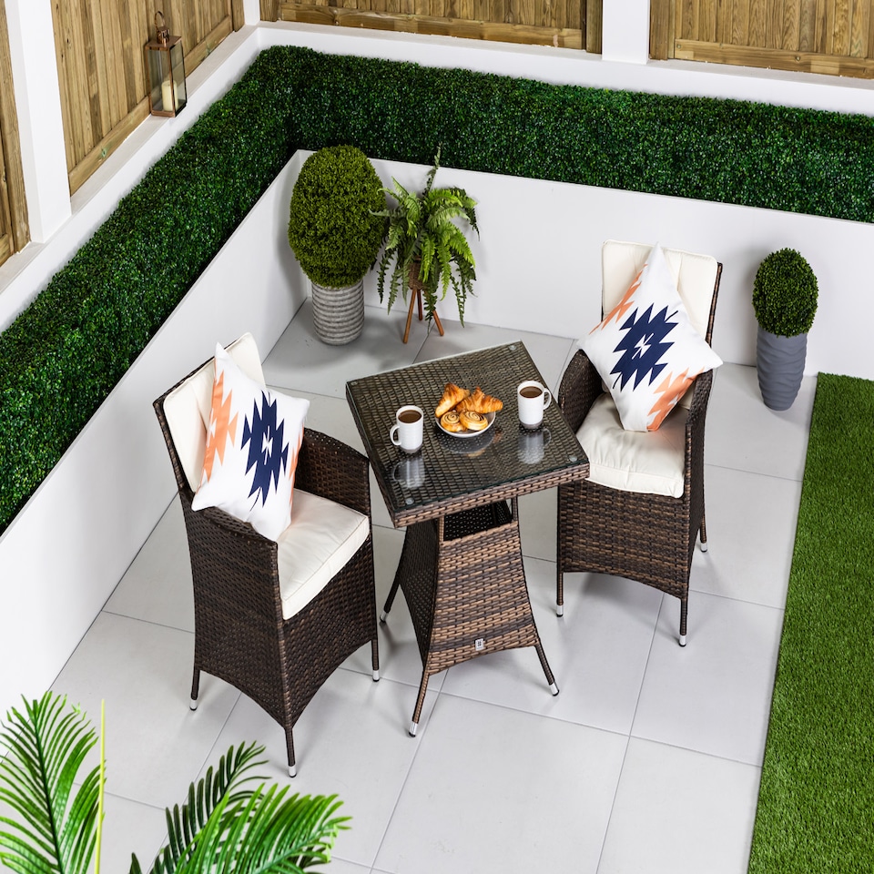 image 1 of Savannah Square Rattan Garden Bistro Table and Chairs Set 2 Seater | Brown | Brown