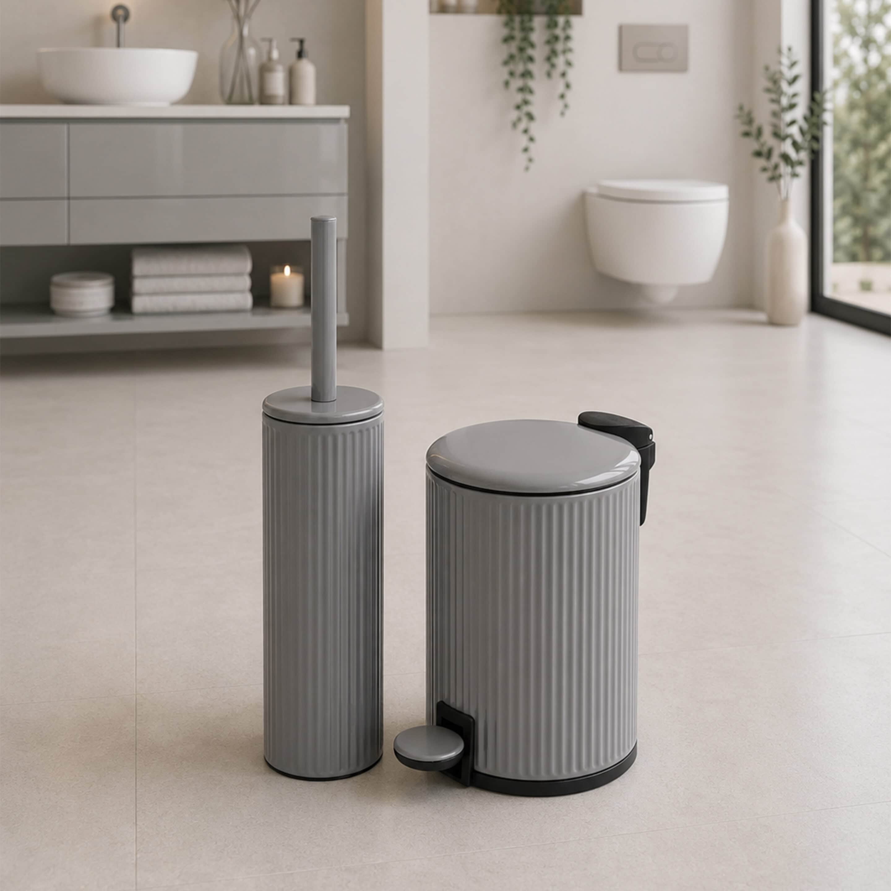 Showerdrape Alpini Round Ribbed Toilet Brush & 3L Pedal Bin in Grey