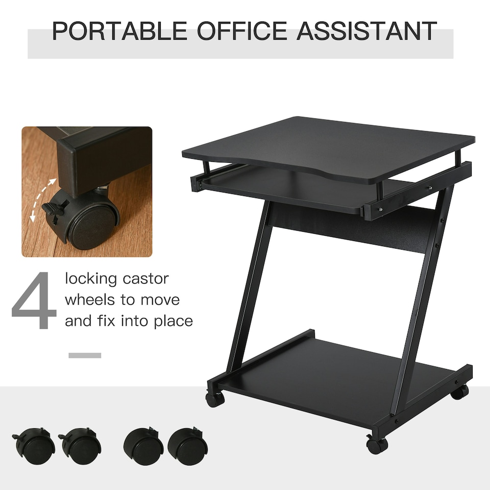 image 1 of HOMCOM Movable Computer Desk with 4 Moving Wheels Sliding Keyboard Tray Black