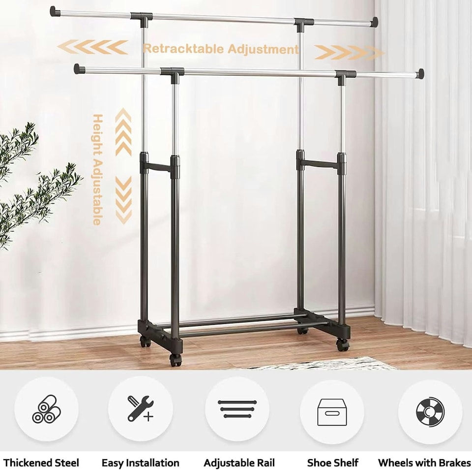 image 1 of Double-rail Adjustable Garment Rack Clothing Rail Stand on Castor Wheels with Hanging Rail and Storage Shelf | Multi | One Size