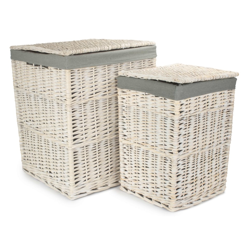 image 1 of Set of 2 Square White Wash Laundry Hamper with Grey Sage Lining | Grey | Grey