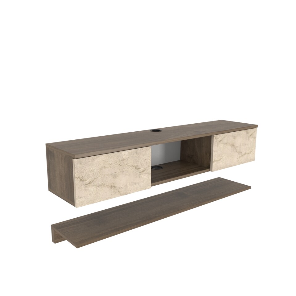 image 1 of Elia 140 cm Wall Mounted TV Unit for TVs up to 60 inches Dropdown Cabinets and Open Shelf (Wall Shelf Included) | Brown | Walnut and Travertine | One Size | 1