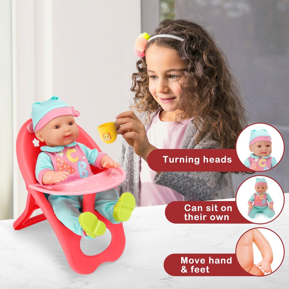 image 1 of 14" Baby Doll Play Set with 25 Pieces – Includes High Chair, Bath, Crib, Feeding Accessories and Portable Carrier