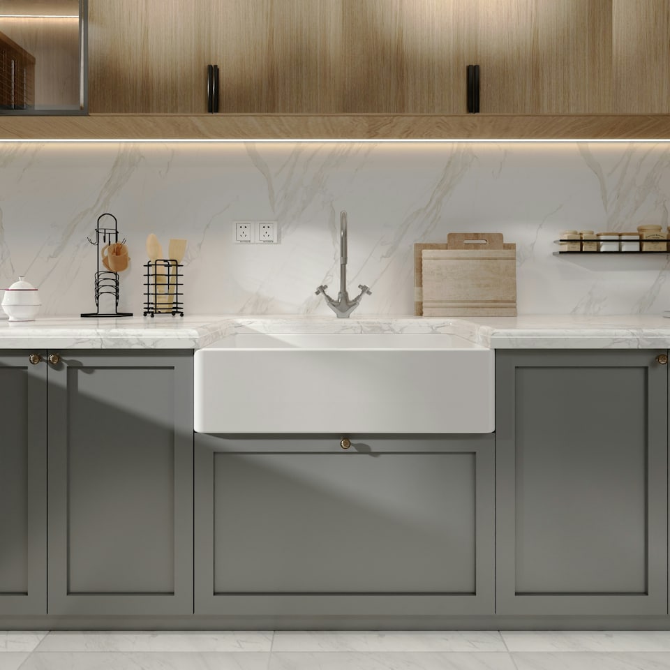 image 1 of 795mm - Fireclay Single Bowl Butler Kitchen Sink - No Overflow & No Tap Hole