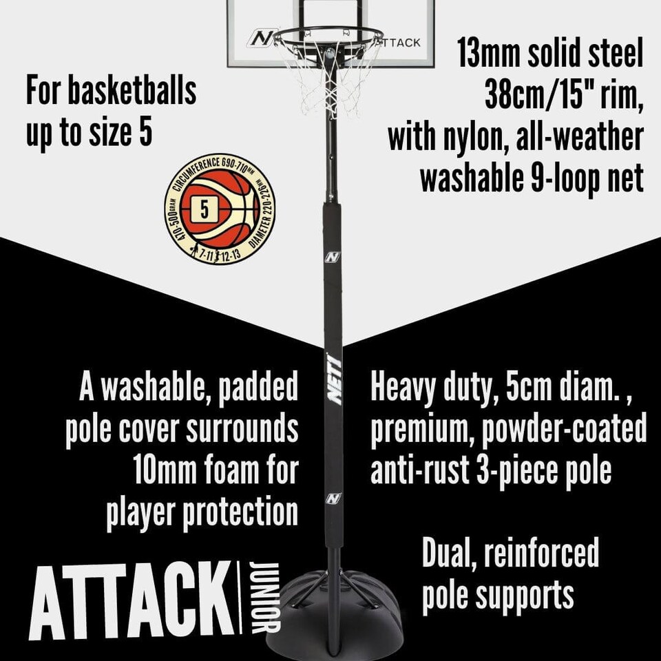 image 1 of NET1 Attack Youth Adjustable Basketball Hoop - Telescopic 2.0-2.6 m, 76 x 51 cm Polycarbonate Backboard, 38 cm Steel Rim, 38 L Portable Base (Black) | Multi | BLACK | 4396