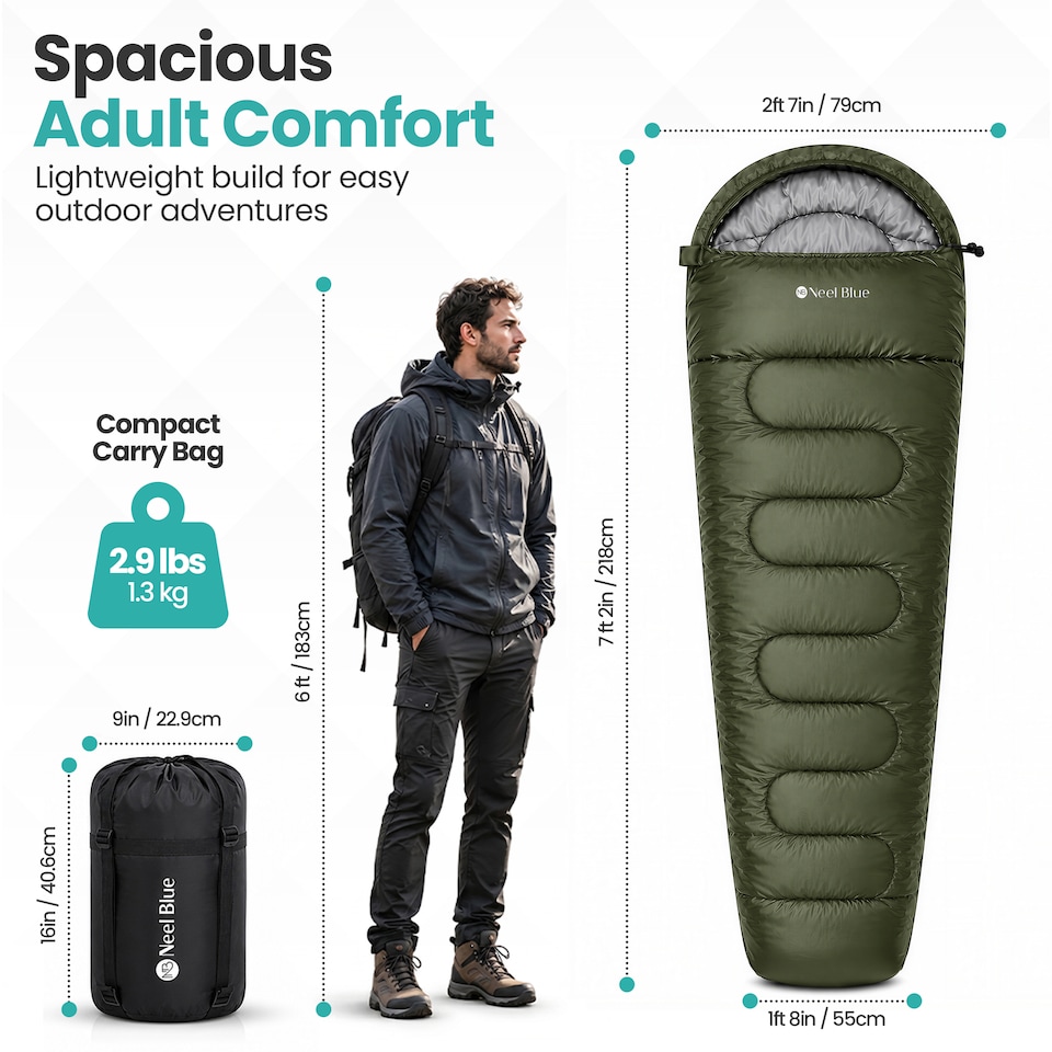 image 1 of 350GSM Mummy Waterproof Sleeping Bag with Hood, 6ft Adults - 3-4 Season