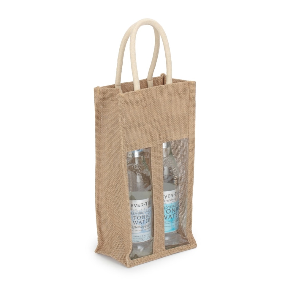 image 1 of Double Bottle Jute Bag | Brown | Brown